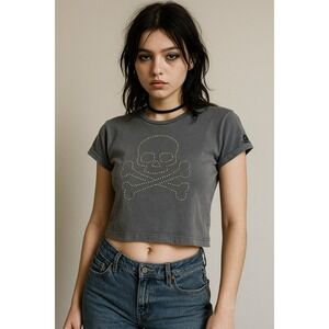 Scalpers Gray Cotton Skull Studded Baby Tee Kids Size 10 Y2K Grunge Edgy Fitted